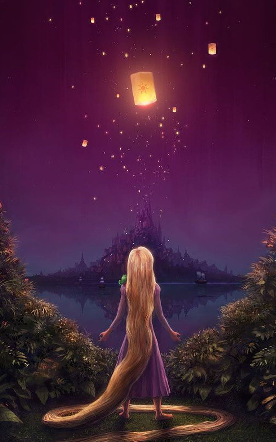 Rapunzel Watching Floating Lanterns Rise Over Castle at Night HD phone wallpaper