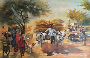 Rural Indian Village Scene With Ox Cart And Farmers HD wallpaper