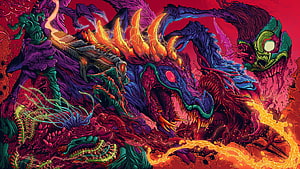 Vibrant psychedelic illustration of a monstrous dragon breathing fire amidst a chaotic, colorful fantasy landscape HD wallpaper