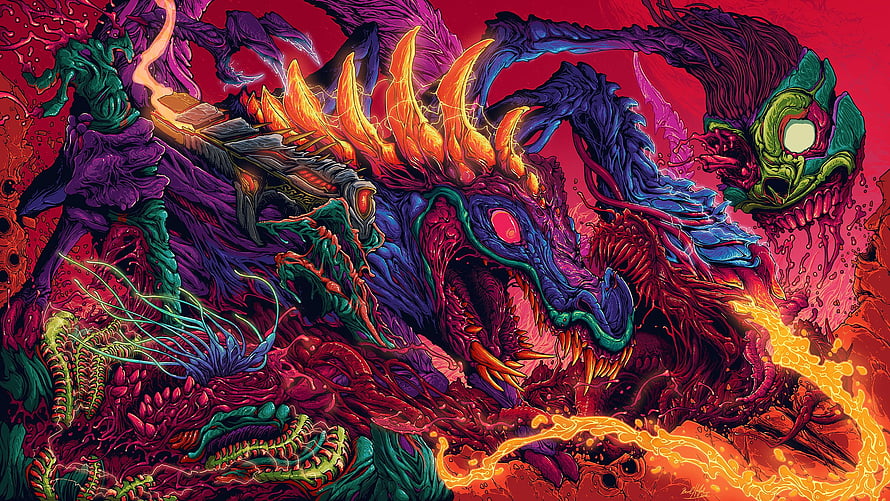 Vibrant psychedelic illustration of a monstrous dragon breathing fire amidst a chaotic, colorful fantasy landscape HD wallpaper