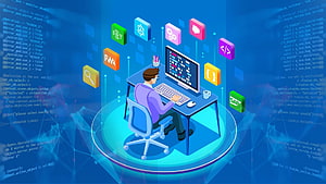 Isometric Software Developer at Work with Floating Tech Icons and Code Background HD wallpaper