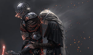 WLOP Dark Souls III Knight and Fire Keeper Embrace in Ember-Lit Fantasy Art HD wallpaper