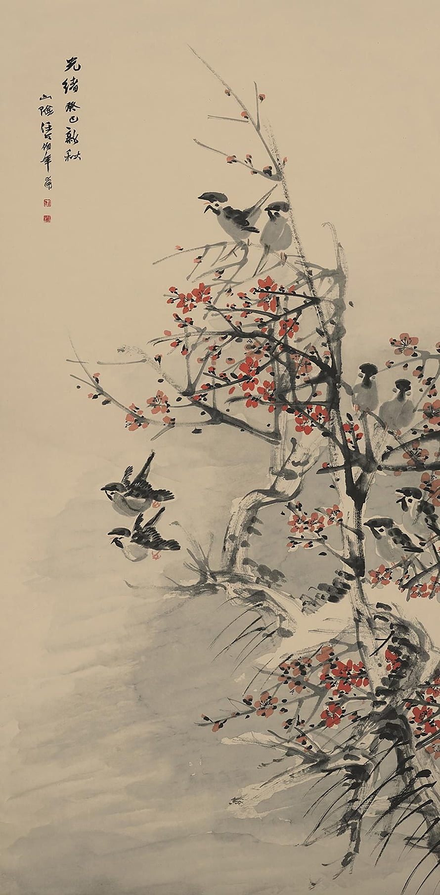 Traditional Chinese Ink Painting of Birds Perched on Plum Blossom Branches HD phone wallpaper