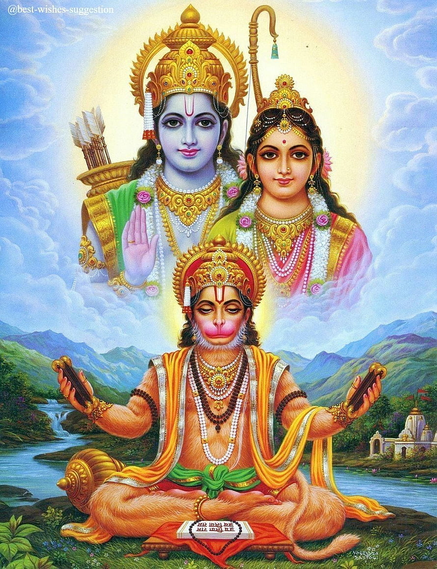 Hanuman meditating with Lord Rama and Goddess Sita in the background, shri ram for mobile. ayodhya ram mandir current HD phone wallpaper