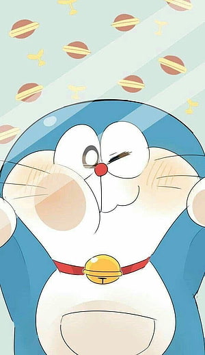 Doraemon Winking with Rosy Cheeks and Bell Collar on Patterned Background HD phone wallpaper