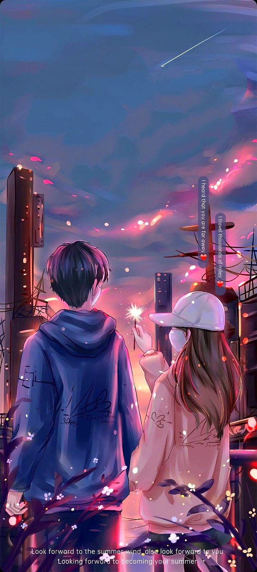 Anime Couple Watching Fireworks and Shooting Star at Sunset HD phone wallpaper
