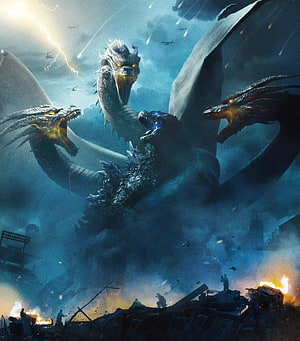 Godzilla King of the Monsters Battle Scene with Three Dragons Amidst City Destruction HD phone wallpaper