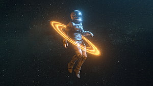 Astronaut Floating in Deep Space with Glowing Saturn Rings and Starfield HD wallpaper