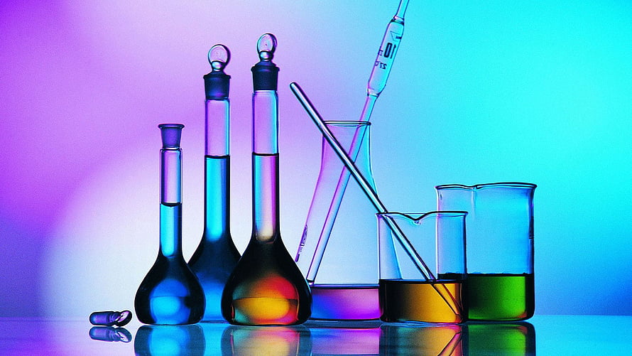 Colorful Chemistry Lab Glassware with Beakers and Flasks on a Neon Gradient Background HD wallpaper