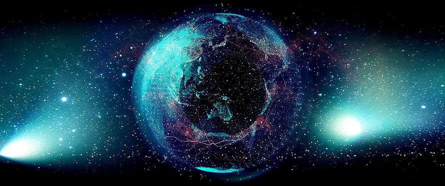 Digital Earth Network Globe in Deep Space with Cosmic Nebula and Starfield HD wallpaper