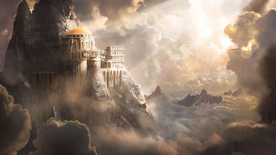 Mount Olympus Greek Mythology Palace Above the Clouds with Golden Sunlight and Dramatic Sky HD wallpaper