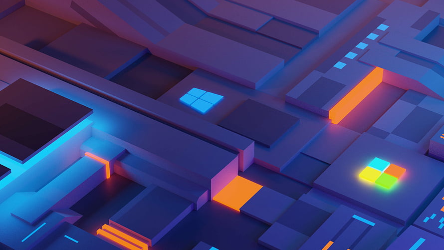 Windows 11 Abstract 3D Circuit Board Wallpaper with Neon Blue and Orange Lights HD wallpaper