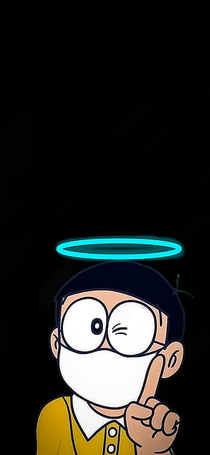 Nobita Nobi Winking with Halo and Finger Gesture on Black Background HD phone wallpaper