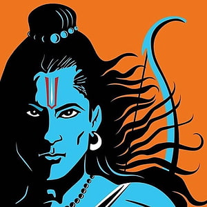 Blue-skinned Hindu deity with bow and arrow, traditional tilak mark, flowing black hair, orange background, vector art style HD wallpaper