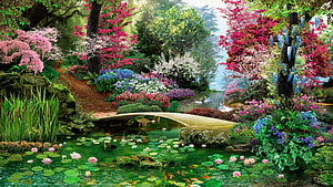 Vibrant Spring Garden Landscape With Arched Bridge, Lotus Pond, and Swans HD wallpaper