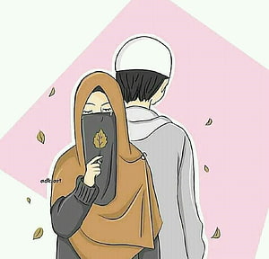 Muslim Couple Illustration With Hijab And Kufi Cap In Autumn Setting HD wallpaper