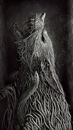 Fenrir the Wolf in Intricate Black and White Line Art Illustration HD phone wallpaper