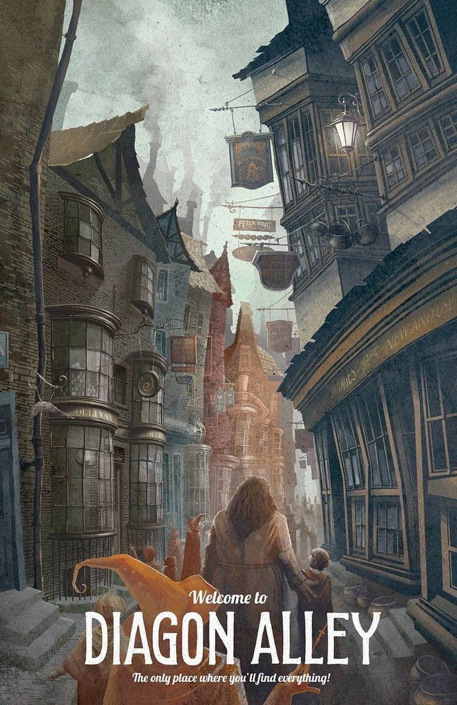 Diagon Alley Wizarding World Street Scene with Mother and Child Walking Through Cobblestone Lane HD phone wallpaper