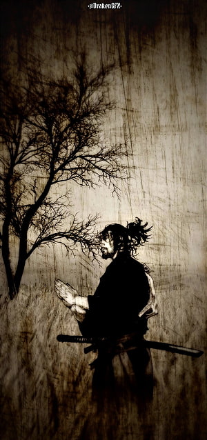 Sepia-toned illustration of a lone samurai warrior standing in the rain beneath a bare tree HD phone wallpaper
