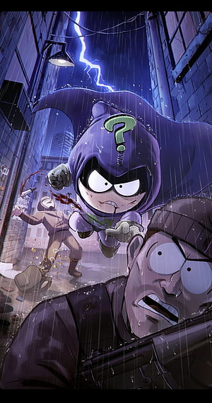 South Park Kenny the Question in a gritty rainy alleyway action scene HD phone wallpaper