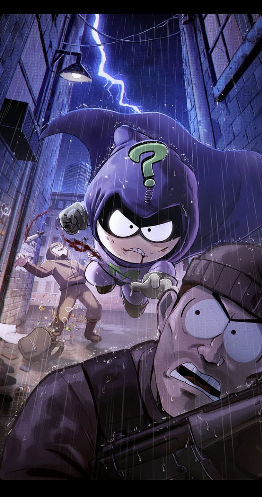 South Park Kenny the Question in a gritty rainy alleyway action scene HD phone wallpaper