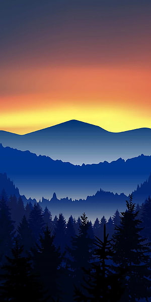Minimalist Mountain Silhouette at Sunset with Pine Forest Layers HD phone wallpaper