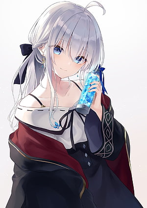 Elaina from Wandering Witch: Journey of Elaina Holding a Glowing Blue Vial in a Soft Anime Portrait HD phone wallpaper