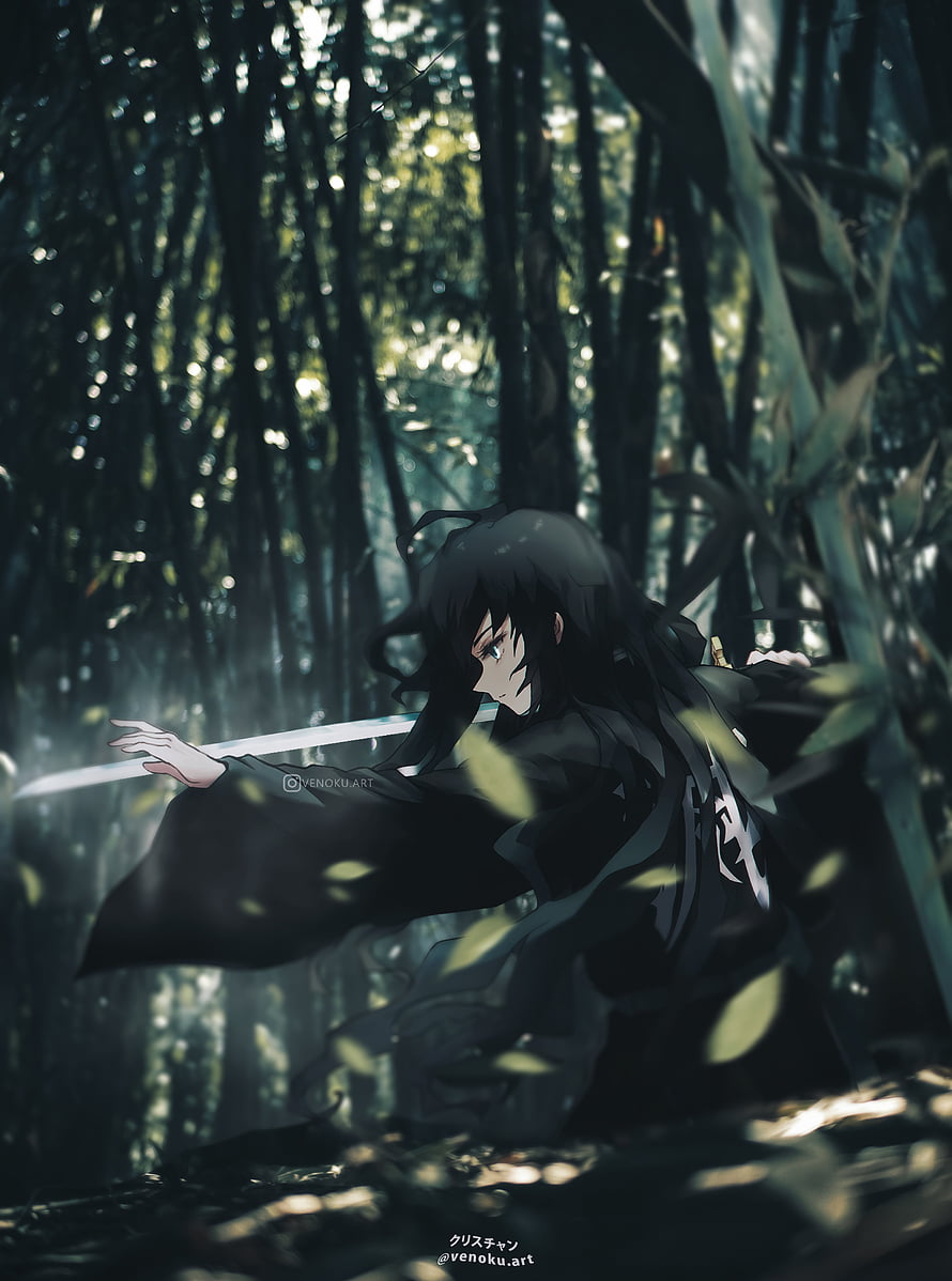 Christian from Chainsaw Man wielding a sword in a dark bamboo forest anime wallpaper, Muichiro Tokito, venoku, nature, tanjiro, demonslayer, kny, hashira, demon, anime HD phone wallpaper