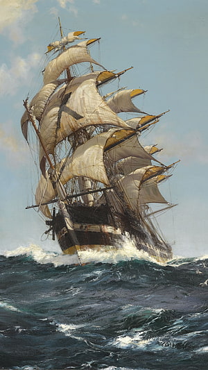 Classic Three-Masted Tall Ship Cutting Through Rough Ocean Waves in a Traditional Oil Painting HD phone wallpaper