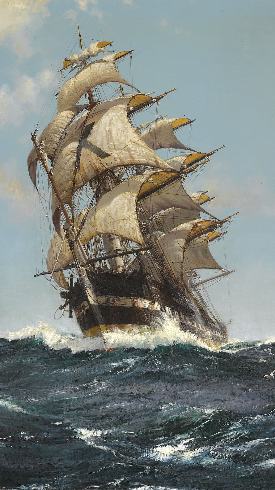 Classic Three-Masted Tall Ship Cutting Through Rough Ocean Waves in a Traditional Oil Painting HD phone wallpaper