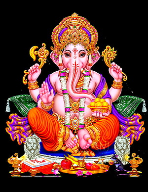 Lord Ganesha Seated on Lion Throne with Offerings and Mouse Vahana HD phone wallpaper