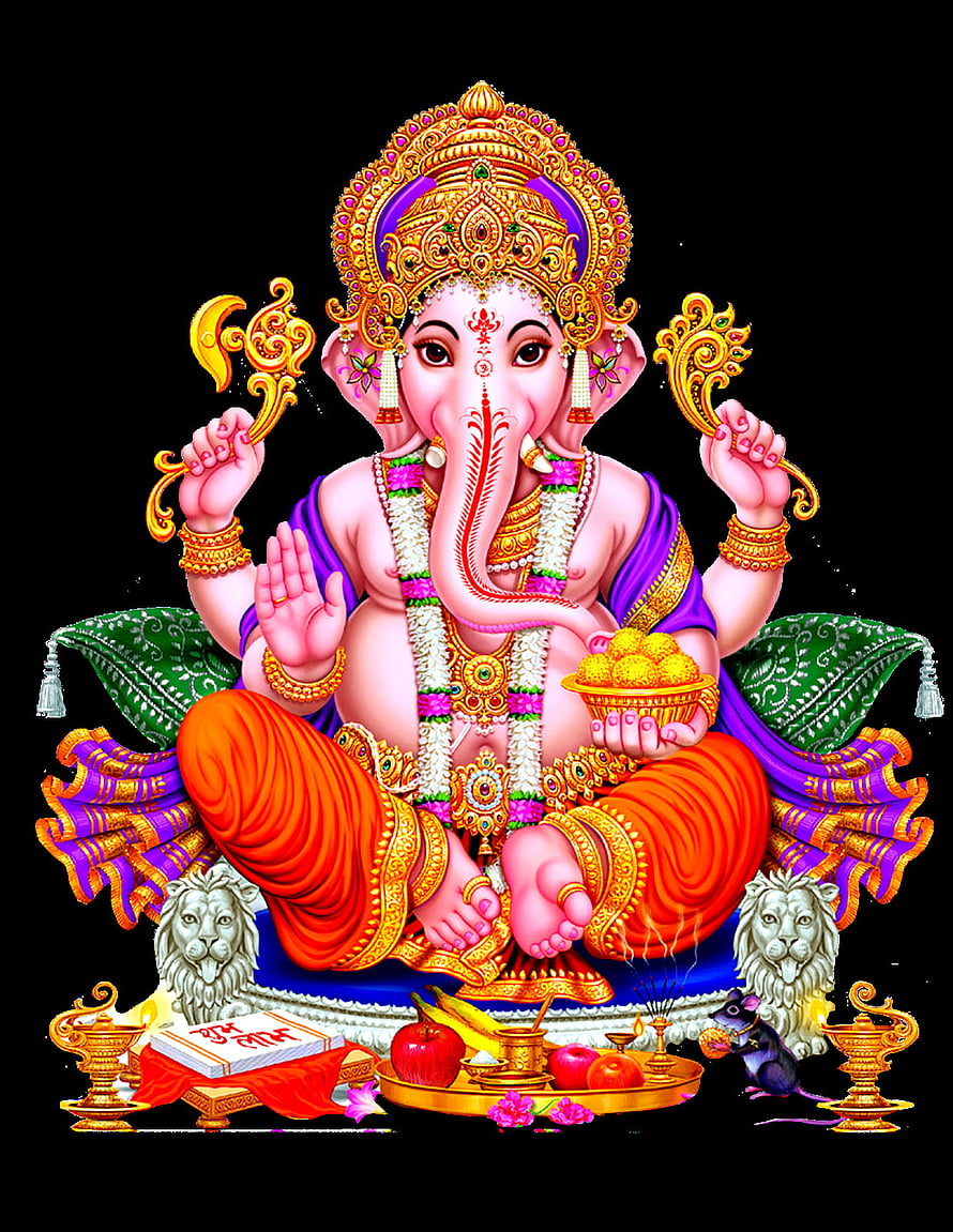 Lord Ganesha Seated on Lion Throne with Offerings and Mouse Vahana HD phone wallpaper