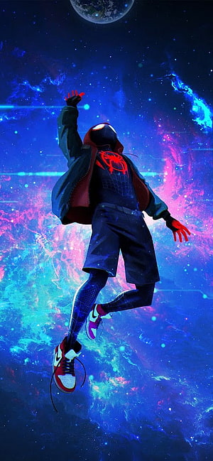 Miles Morales Spider-Man Floating in Vibrant Cosmic Nebula Space Background, Miles Morales Spider Man: Into The Spider Verse , Spider Man Amoled HD phone wallpaper