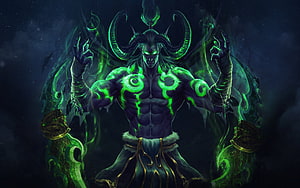 Illidan Stormrage Demon Hunter with Glowing Green Runes and Horned Headgear HD wallpaper