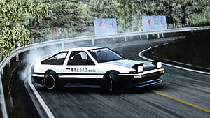 Initial D Toyota AE86 Trueno drifting on mountain road with Fujiwara Tofu Shop livery HD wallpaper