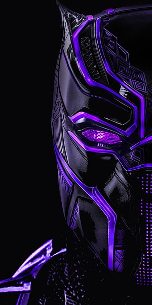 Black Panther Neon Purple Mask Close-Up with Glowing Cybernetic Accents on Dark Background HD phone wallpaper