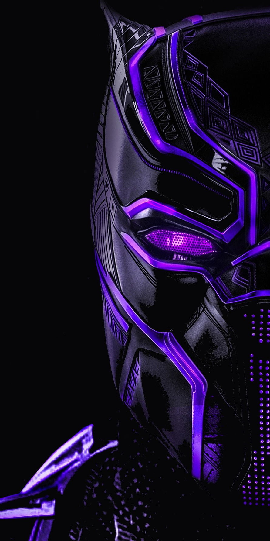 Black Panther Neon Purple Mask Close-Up with Glowing Cybernetic Accents on Dark Background HD phone wallpaper