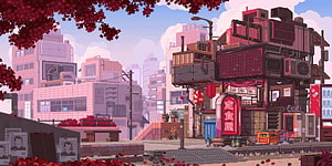Pixel Art Japanese City Street With Red Maple Leaves And Retro Restaurant HD wallpaper
