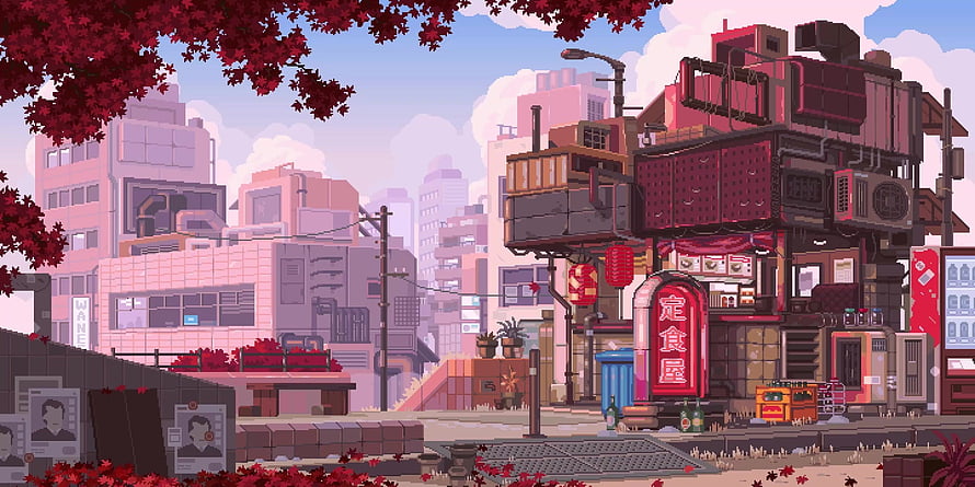 Pixel Art Japanese City Street With Red Maple Leaves And Retro Restaurant HD wallpaper