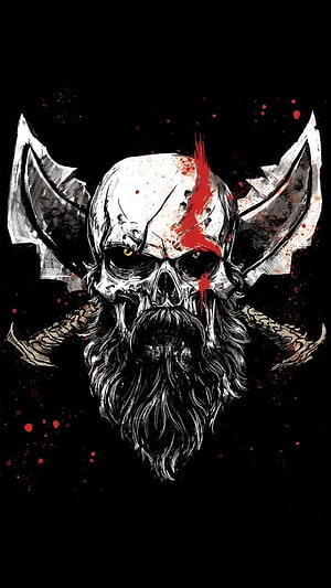 Kratos God of War Skull with Leviathan Axe and Draupnir Spear HD phone wallpaper