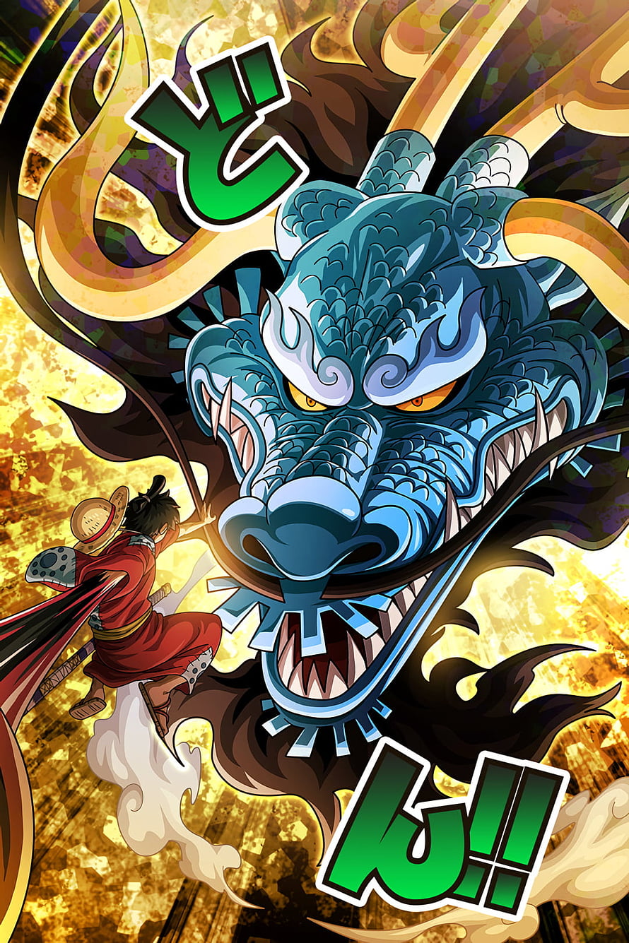 Monkey D. Luffy wielding the giant blue dragon sword Oden Ichimonji in One Piece Wano Country arc HD phone wallpaper