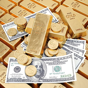 Stacks of gold bars and coins resting on a pile of one hundred dollar bills HD phone wallpaper