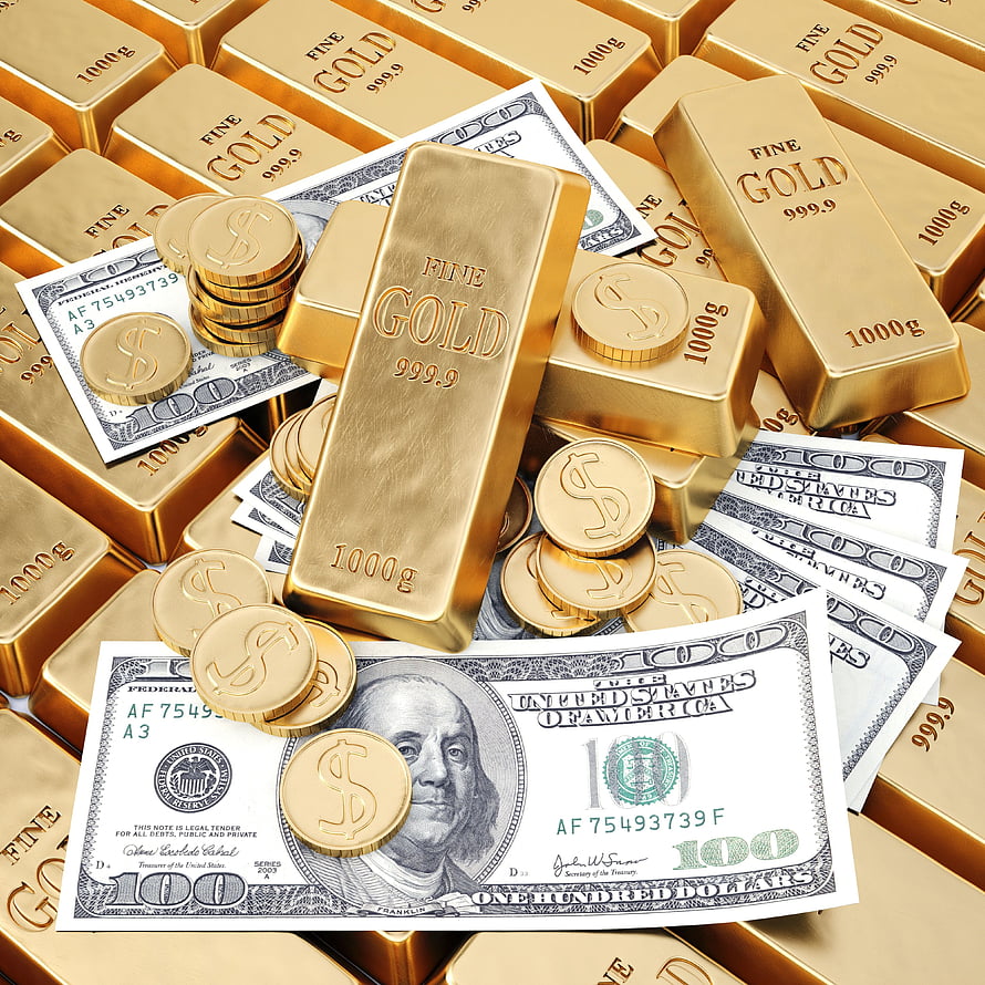 Stacks of gold bars and coins resting on a pile of one hundred dollar bills HD phone wallpaper
