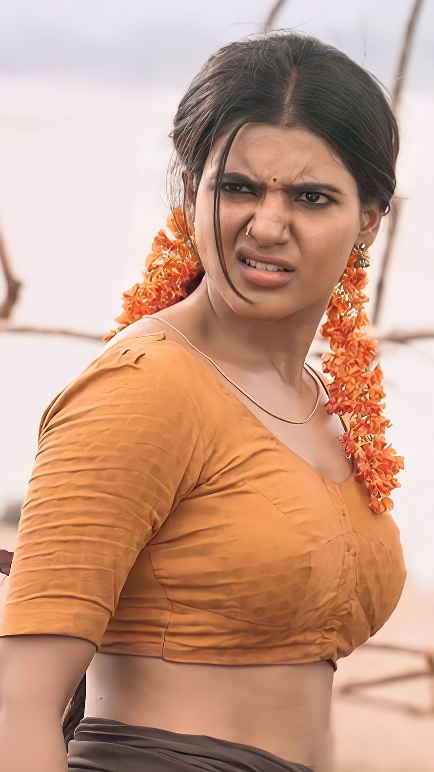 Woman in Orange Blouse with Flower Garland and Angry Expression, Samantha Akkineni, telugu actress, rangastlam HD phone wallpaper