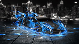 Neon Blue Lamborghini Enveloped in Electric Blue Flames Against a Dark City Skyline HD wallpaper