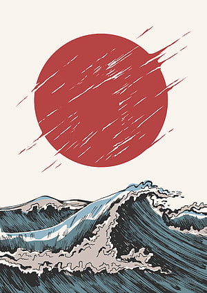 Japanese Woodblock Style Art Featuring A Red Sun And Crashing Ocean Waves HD phone wallpaper