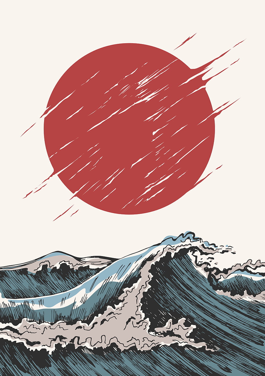 Japanese Woodblock Style Art Featuring A Red Sun And Crashing Ocean Waves HD phone wallpaper