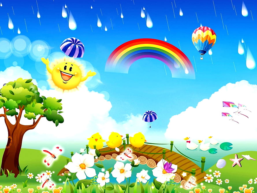 Cheerful Cartoon Landscape with Rainbow, Smiling Sun, and Chicks on a Garden Bridge HD wallpaper