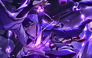 Raiden Shogun wielding Electro energy with purple lightning effects and traditional attire HD wallpaper