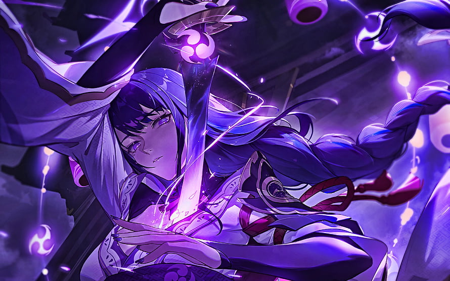 Raiden Shogun wielding Electro energy with purple lightning effects and traditional attire HD wallpaper